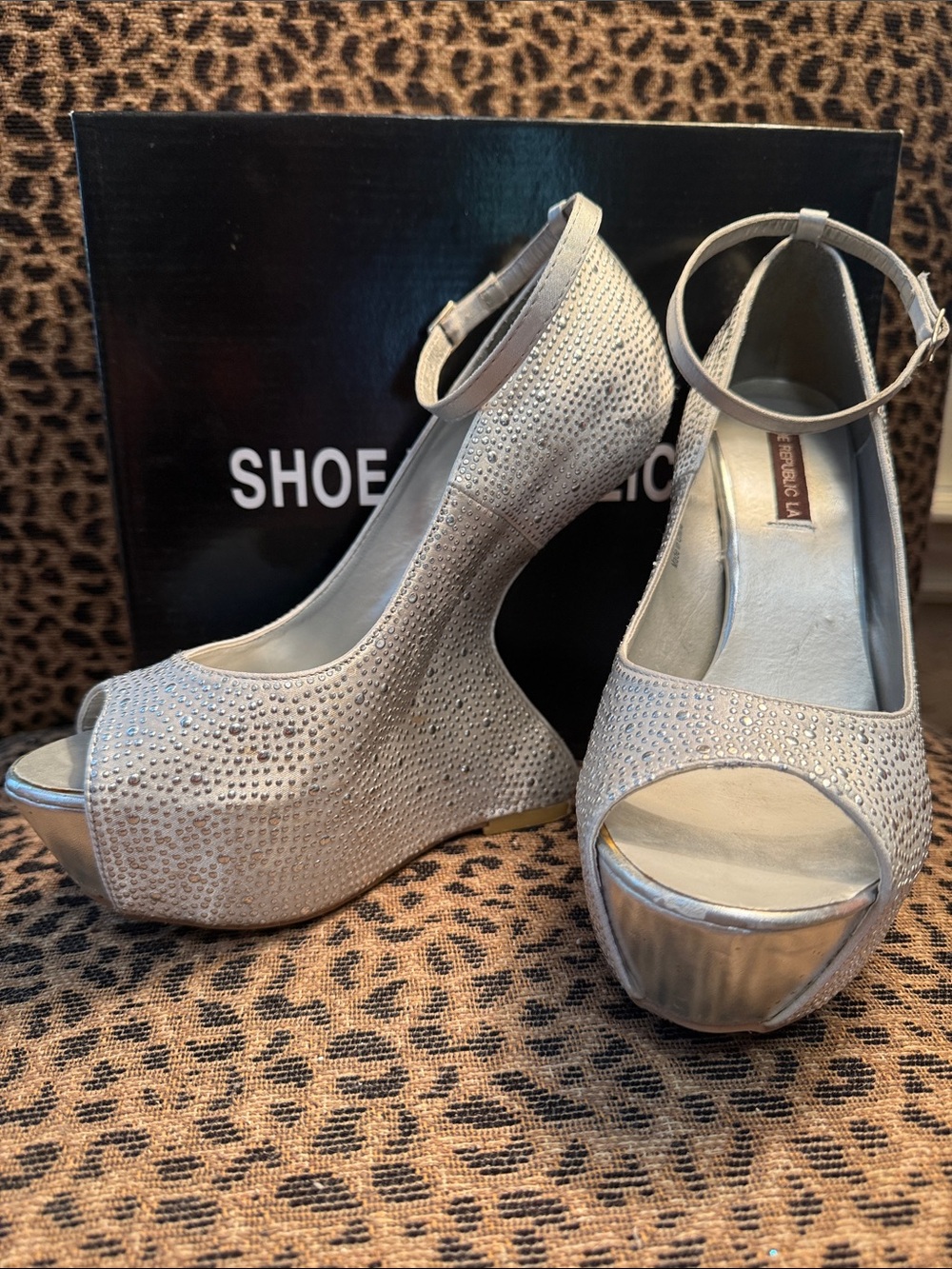 Shoe Republic LA Silver Rhinestone Anti-Gravity Peep-Toe Wedge Sandals